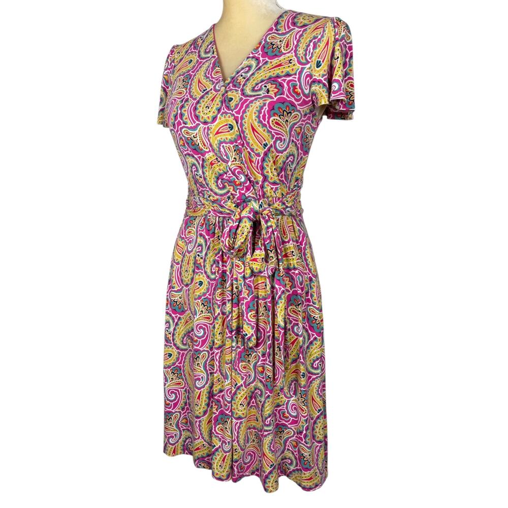 Boden Evangeline Jersey Faux Wrap Dress Pink Paisley Stretch Colorful 8 Petite - Picture 8 of 12